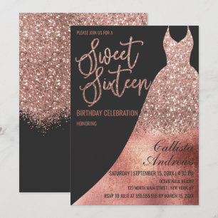 Luxury Black Rose Gold Glitter Dress Sweet 16 Invitation
