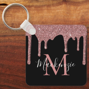 Luxury Black Rose Gold Glitter Drips Monogram Key Ring