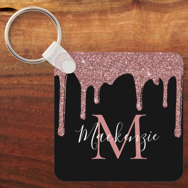 Luxury Black Rose Gold Glitter Drips Monogram Key Ring (Front)