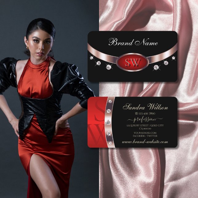 Luxury Black Rose Gold Red with Monogram Diamonds Business Card (Creator Uploaded)