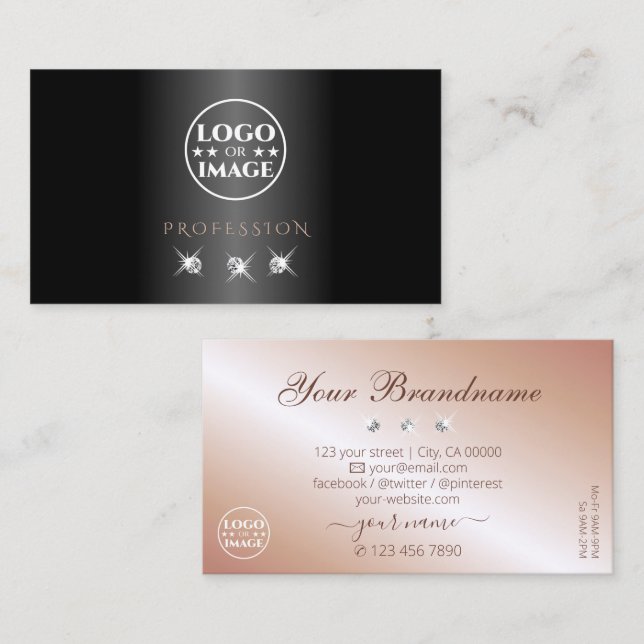 Luxury Black Rose Gold Sparkling Diamonds Add Logo Business Card (Front/Back)