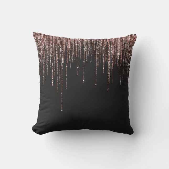Luxury Black Rose Gold Sparkly Glitter Fringe Cushion (Front)