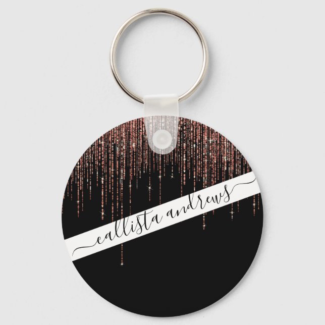 Luxury Black Rose Gold Sparkly Glitter Fringe Key Ring (Front)