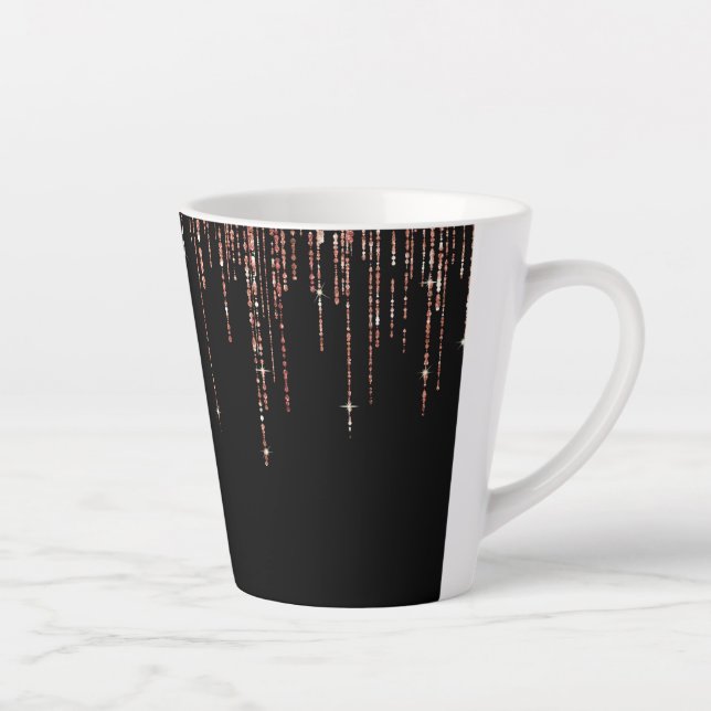 Luxury Black Rose Gold Sparkly Glitter Fringe Latte Mug (Right)