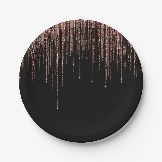 Luxury Black Rose Gold Sparkly Glitter Fringe Paper Plate (Front)