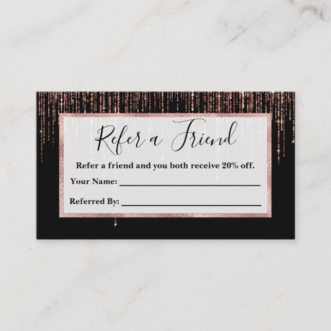 Luxury Black Rose Gold Sparkly Glitter Fringe Referral Card (Front)