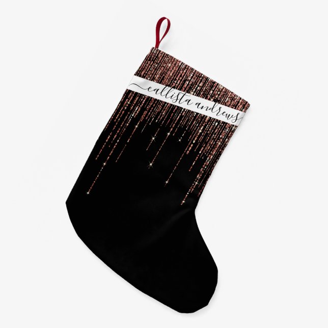Luxury Black Rose Gold Sparkly Glitter Fringe Small Christmas Stocking (Front (Hanging))