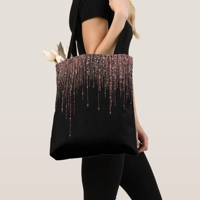 Luxury Black Rose Gold Sparkly Glitter Fringe Tote Bag (Close Up)