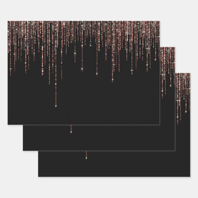 Luxury Black Rose Gold Sparkly Glitter Fringe Wrapping Paper Sheet (Set)
