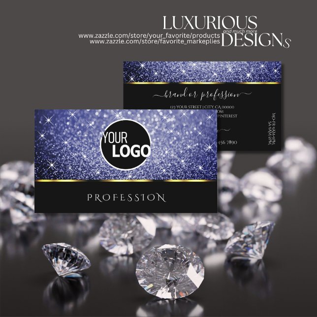 Luxury Black Shimmery Royal Blue Glitters add Logo Business Card (Creator Uploaded)