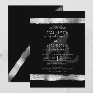 Luxury Black Silver Brushstroke Border Wedding Invitation