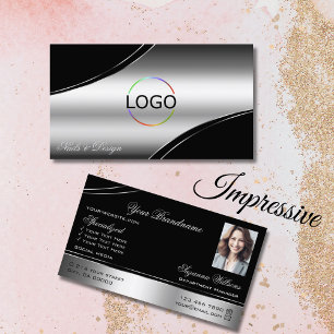 Luxury Black Silver Curved Decor Lines Logo Photo Business Card