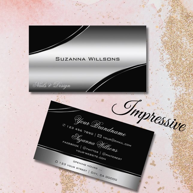 Luxury Black Silver Curved Decor Lines Shimmering Business Card (Creator Uploaded)