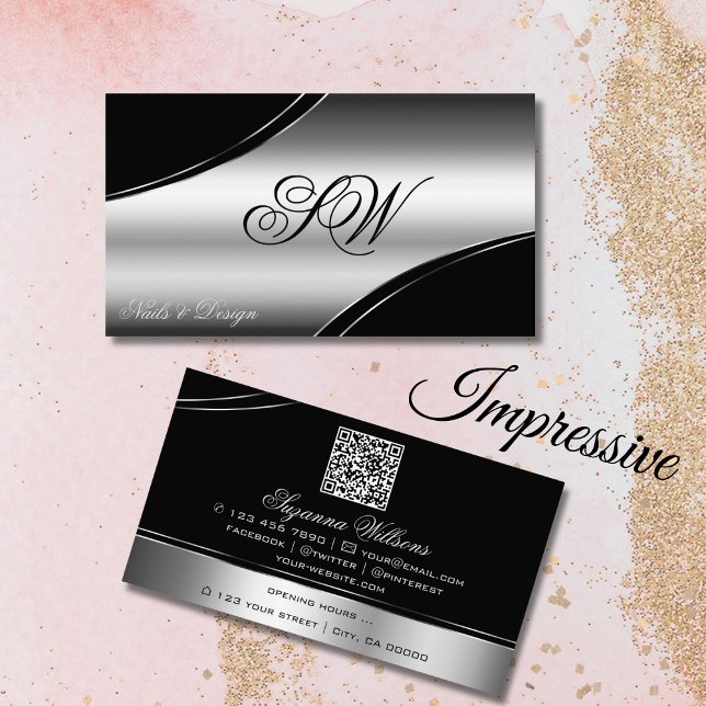 Luxury Black Silver Curved Lines Monogram QR Code Business Card (Creator Uploaded)