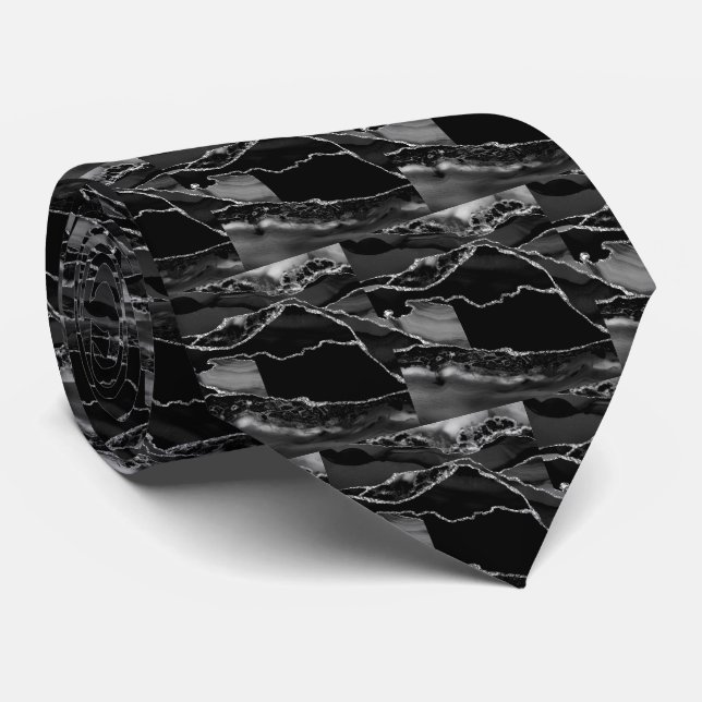 Luxury Black Silver Faux Glitter Faux Silk Tie (Rolled)