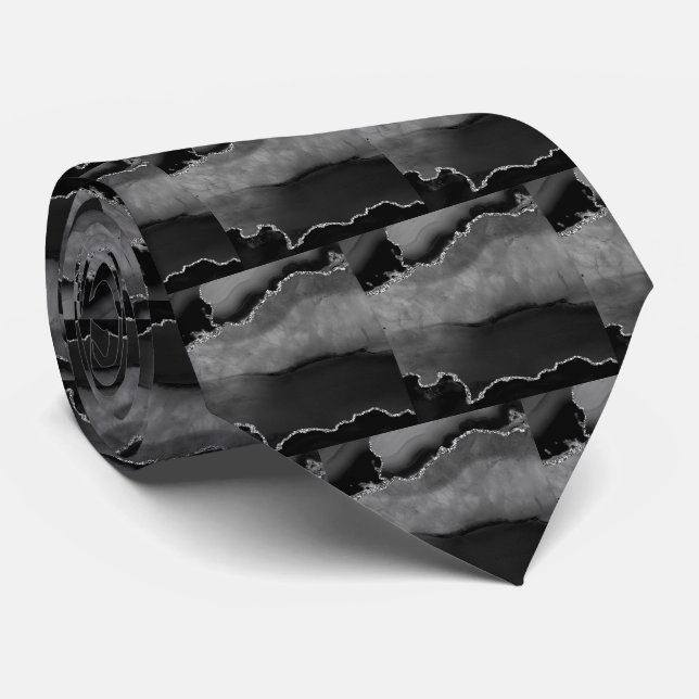 Luxury Black Silver Faux Glitter Faux Silk Tie (Rolled)
