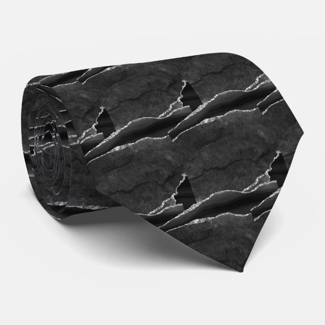 Luxury Black Silver Faux Glitter Faux Silk Tie (Rolled)