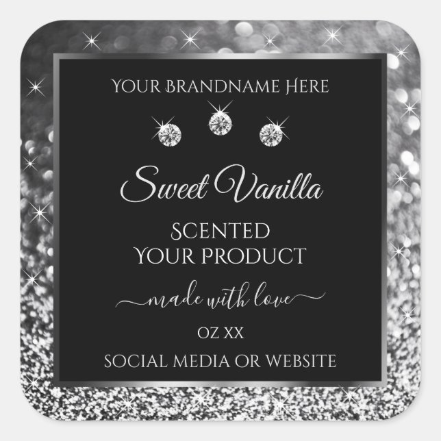 Luxury Black Silver Glitter Diamonds Product Label (Front)