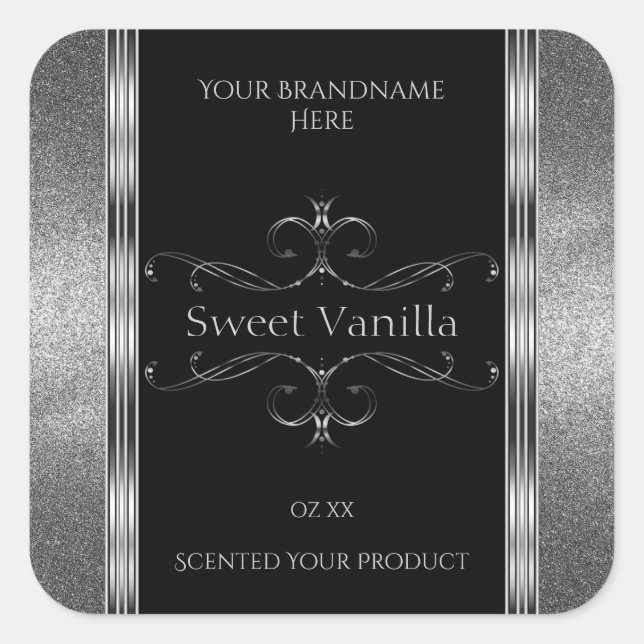 Luxury Black Silver Glitter Ornate Product Labels (Front)