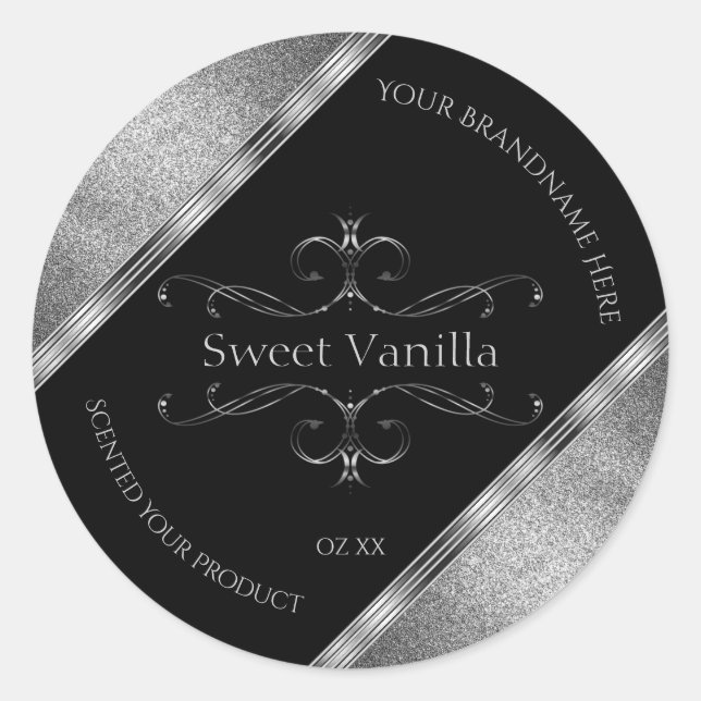 Luxury Black Silver Glitter Ornate Product Labels (Front)
