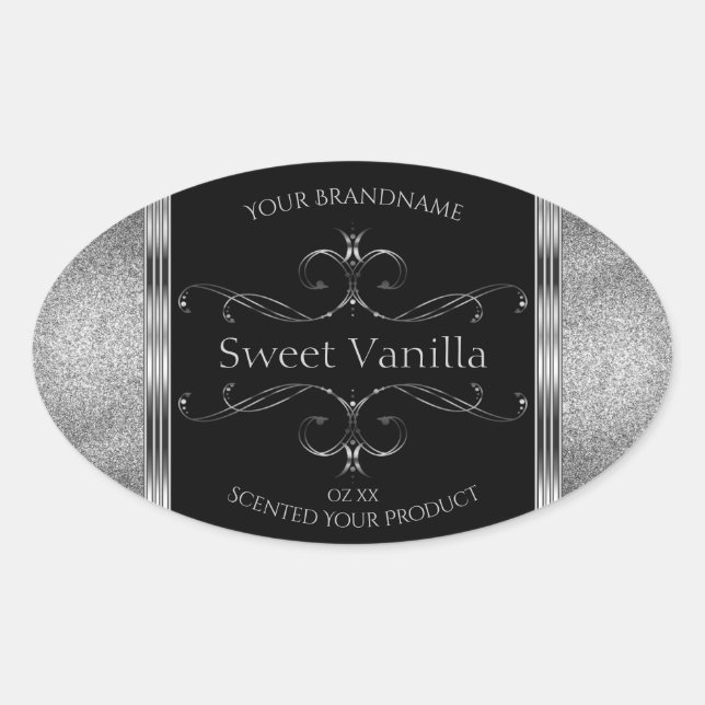 Luxury Black Silver Glitter Ornate Product Labels (Front)