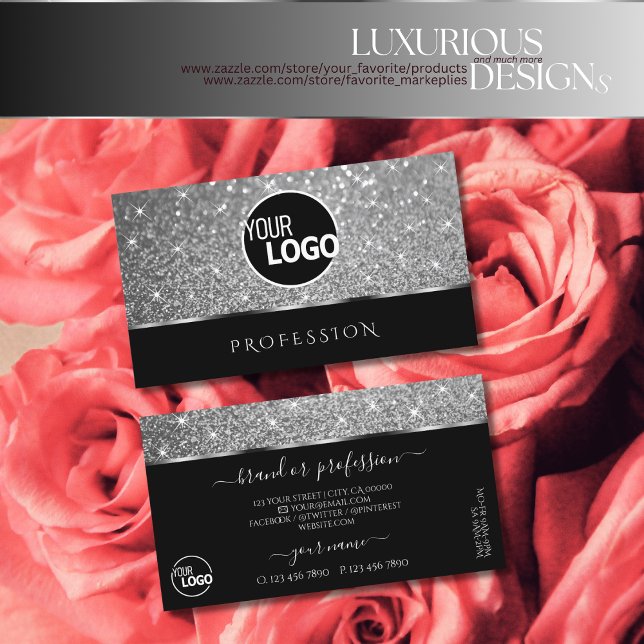 Luxury Black Silver Glitter Shimmer Stars add Logo Business Card (Creator Uploaded)
