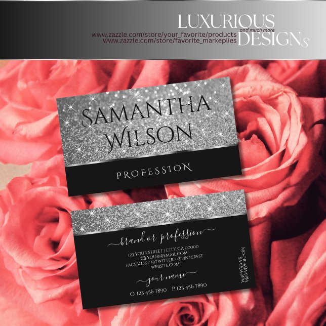 Luxury Black Silver Glitter Shimmer Stars Elegant Business Card (Creator Uploaded)