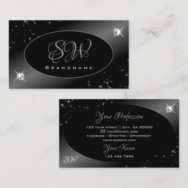 Luxury Black Silver Glitter Stars Jewels Monogram Business Card (Front/Back)