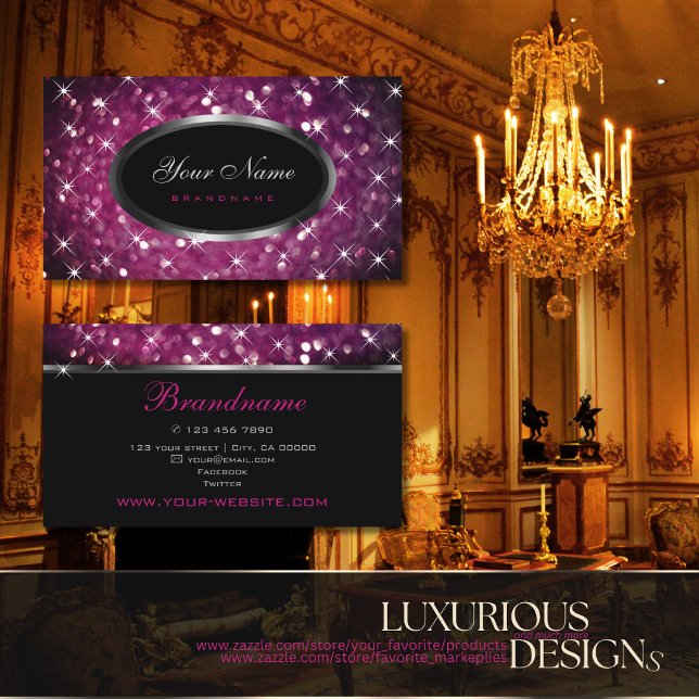 Luxury Black Silver Purple Glitter Luminous Stars Business Card (Creator Uploaded)