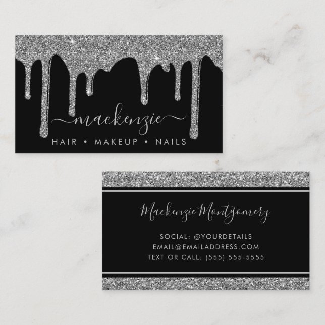 Luxury Black Silver Sparkle Dripping Glitter Business Card (Front/Back)
