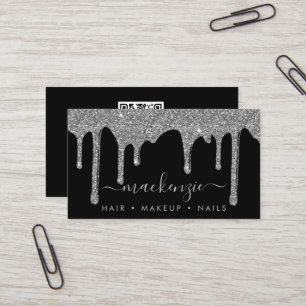 Luxury Black Silver Sparkle Glitter Drips QR Code Business Card