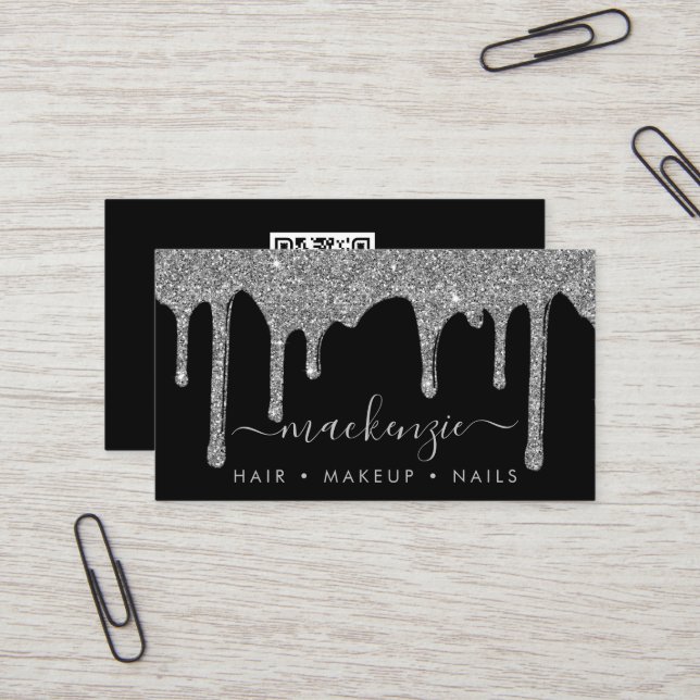 Luxury Black Silver Sparkle Glitter Drips QR Code Business Card (Front/Back In Situ)