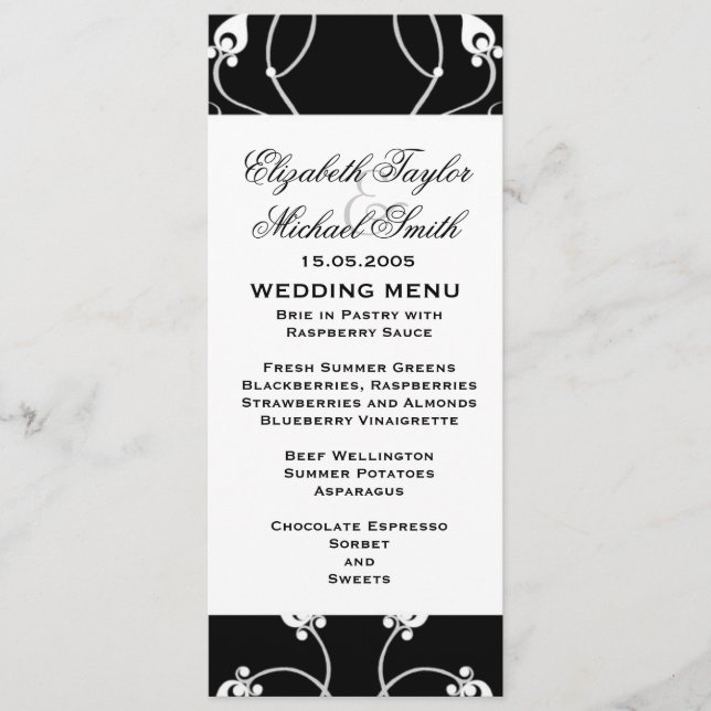 Luxury Black Swirls Damask Menu (Front)