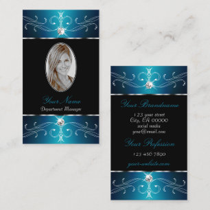 Luxury Black Teal Blue Ornate Ornaments with Photo Business Card