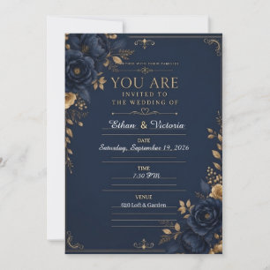 Luxury Black Wedding Invitation with Blue & Burgun