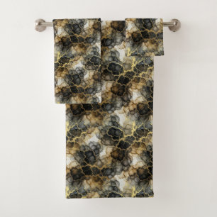 Luxury Black White and Gold Alcohol Ink Marble Bath Towel Set
