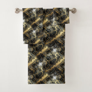 Luxury Black White and Gold Alcohol Ink Marble Bath Towel Set