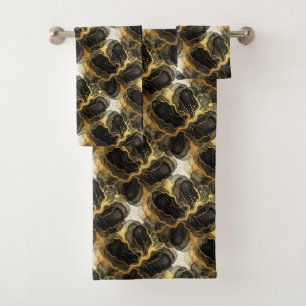 Luxury Black White and Gold Alcohol Ink Marble Bath Towel Set