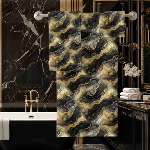 Luxury Black White and Gold Alcohol Ink Marble Bath Towel Set