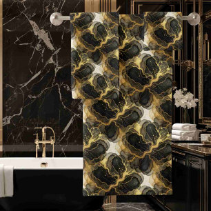 Luxury Black White and Gold Alcohol Ink Marble Bath Towel Set