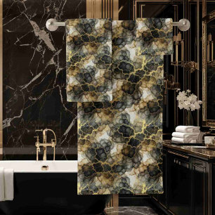 Luxury Black White and Gold Alcohol Ink Marble Bath Towel Set