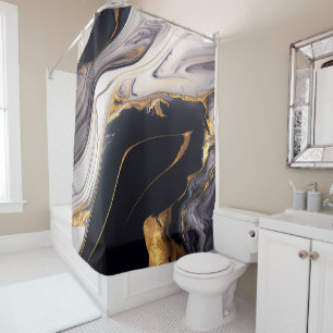 Luxury Black White and Gold Fluid Marble Agate Shower Curtain