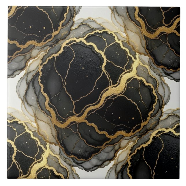 Luxury Black, White and Gold Marble Alcohol Ink Tile (Front)