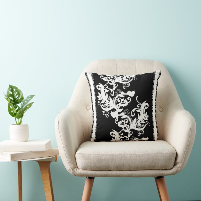 Luxury Black & White Baroque Floral  Cushion (Chair)