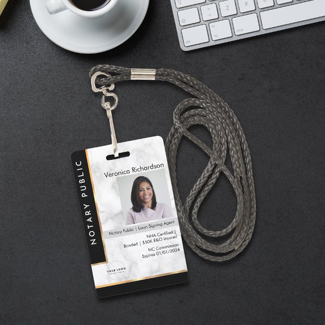 Luxury Black White Gold Marble Professional Notary ID Badge (Creator Uploaded)