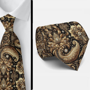 Luxury Black White Gold Paisley Diamond Neck Tie