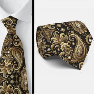 Luxury Black White Gold Paisley Diamond Neck Tie