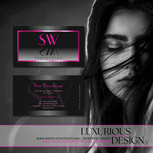 Luxury Black White Gradient Pink Frame Monogram Business Card