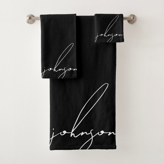 Luxury Black White Signature Script Monogram Bath Towel Set (Insitu)
