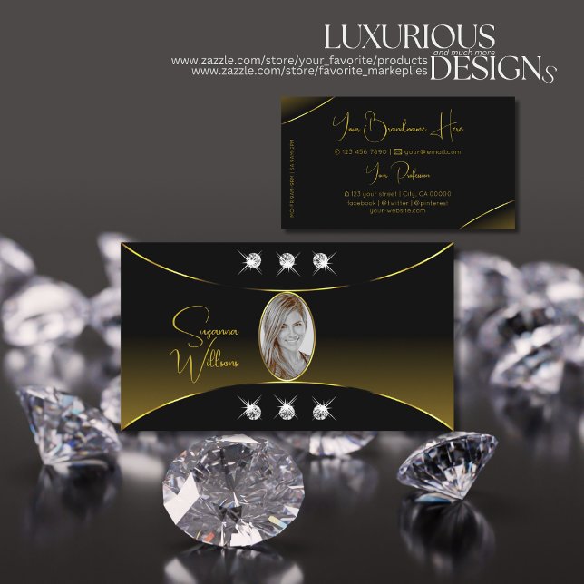 Luxury Black with Gold Decor Diamonds and Photo Business Card (Creator Uploaded)